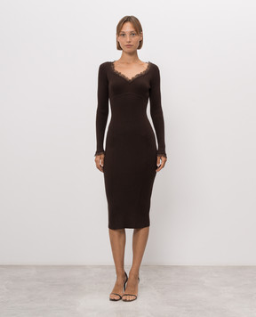 Twinset Коричневое платье в рубчик с кружевом 262TP3392