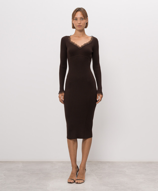 Twinset Коричневое платье в рубчик с кружевом 262TP3392 изображение 3