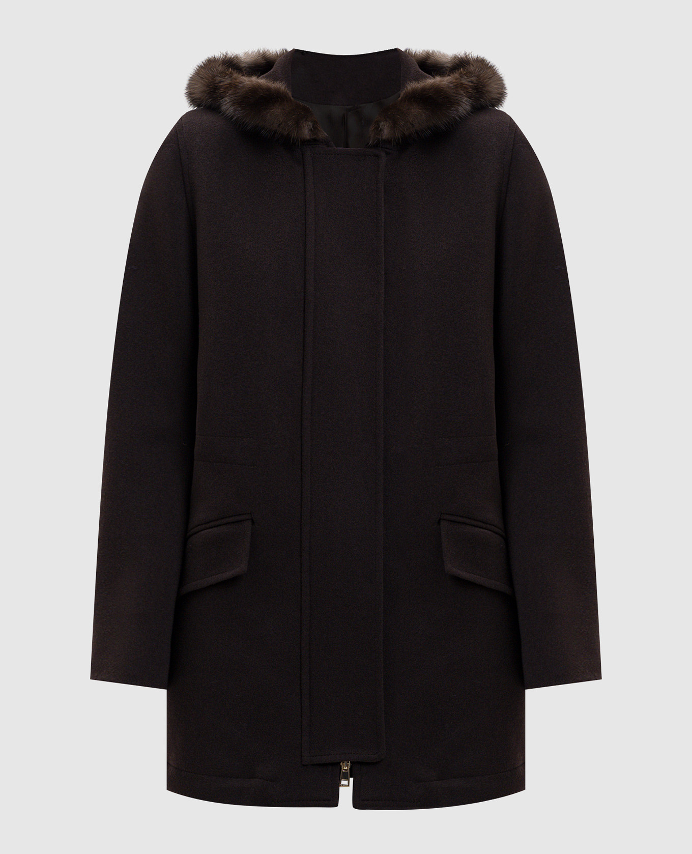 Коричневый парк из шерсти с мехом соболя