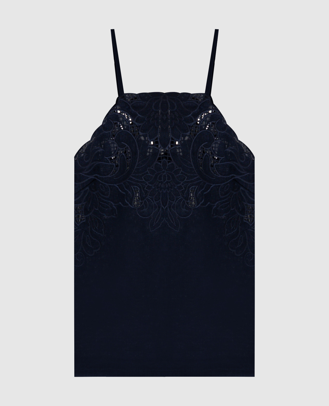 Синій топ з льоном з вишивкою рішельє