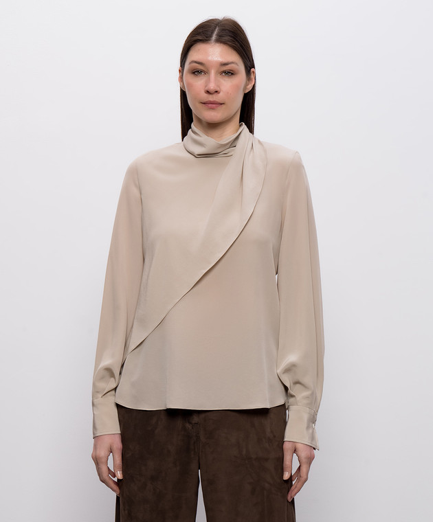 Brunello Cucinelli Бежева блуза із шовку з ефектом накладання шарів MP993B1U14 зображення 3
