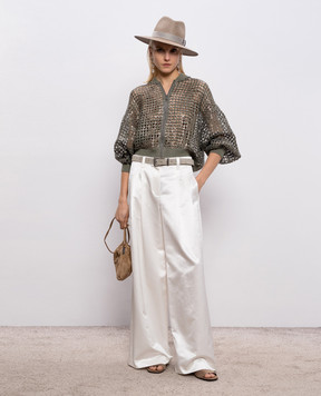 Brunello Cucinelli Ажурний кардиган кольору хакі із шовку та льону в паєтки MCBR11806