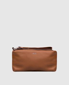 Ermenegildo Zegna Коричневий несесер зі шкіри оленя з логотипом BAGsh