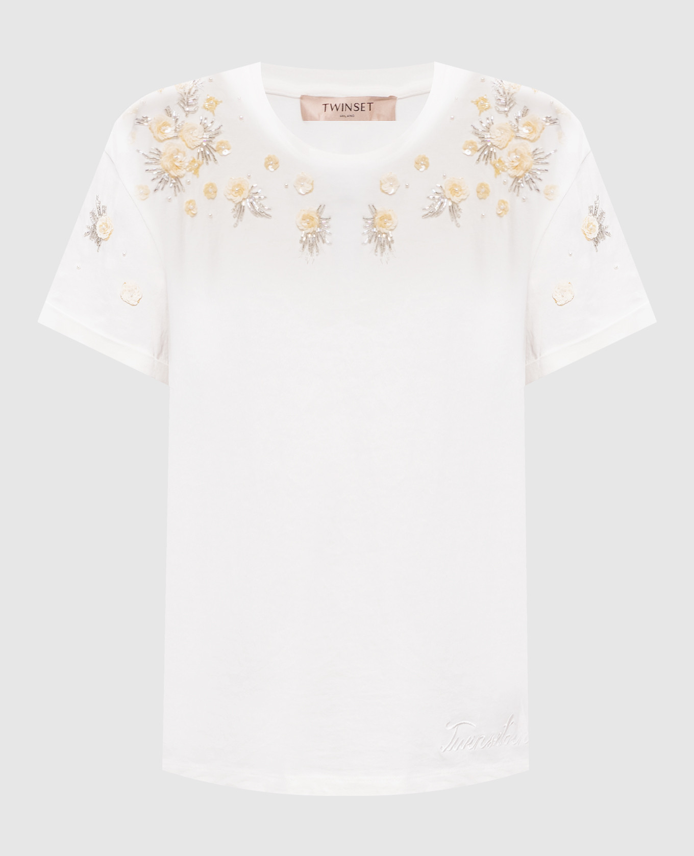 

Футболка цвета айвори с цветочной аппликацией, Бежевый, Футболки