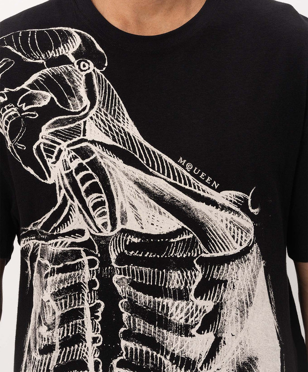 Alexander McQueen Черная футболка Sketch Anatomy с льном 873661QTAEX изображение 5