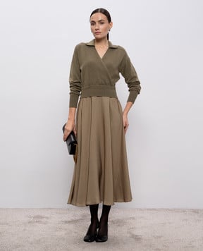 Peserico Платье миди цвета хаки с шерстью и шелком двойной конструкции S82127F129095D