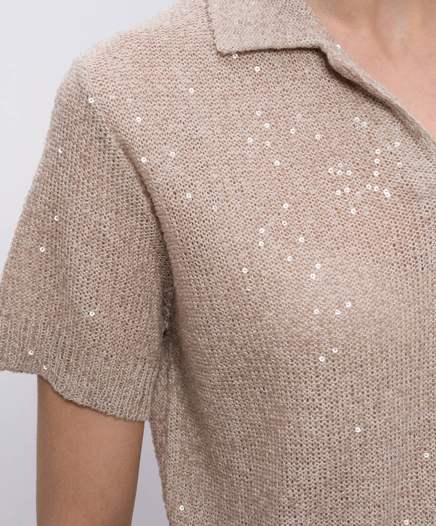 Brunello Cucinelli Бежевый топ из льна, кашемира и шелка в пайетке MDJ547605 изображение 5