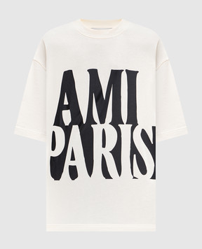Ami Paris Футболка кольору айворі прамого крою з контрастним логотипом UTS381726