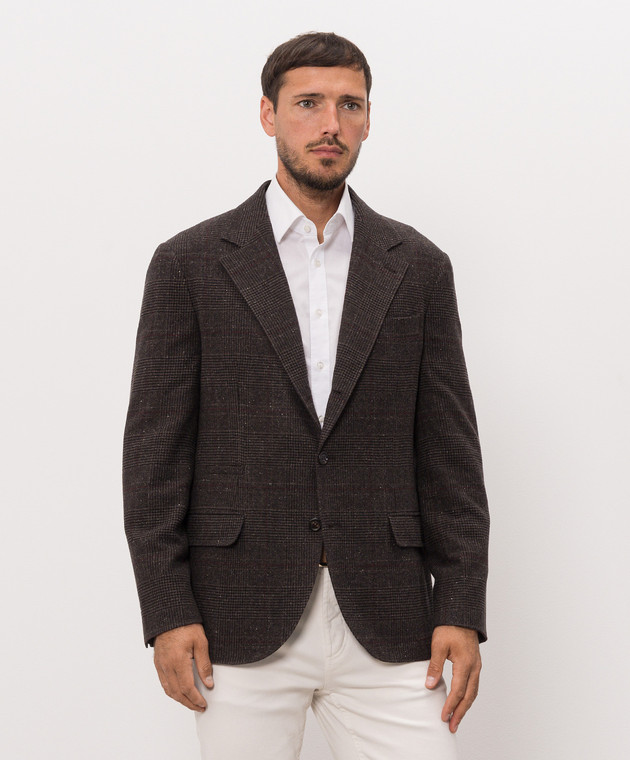 Brunello Cucinelli Темно-коричневый пиджак из шелка, шерсти и кашемира в клетку MV4647BTD изображение 3