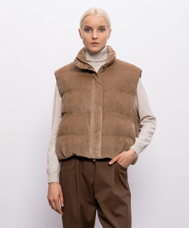 Brunello Cucinelli Коричневый вельветовый пуховый жилет с цепочкой мониль MG5477613P изображение 3