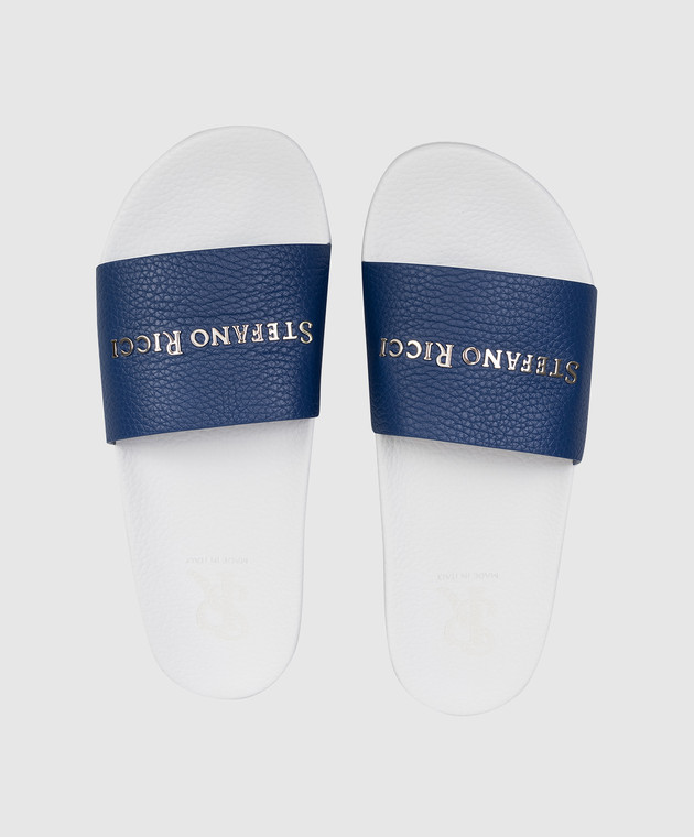 Stefano Ricci Синие кожаные слайдеры с логотипом UG31G761VD изображение 4
