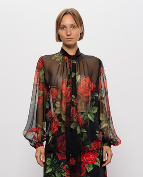 Dolce&Gabbana Чорна блуза із шовку в принт F5U60TIS134