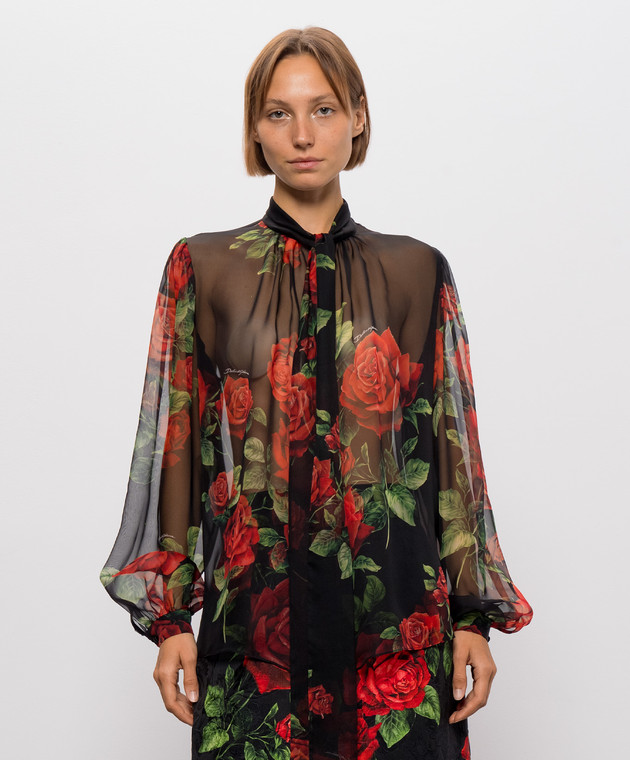 Dolce&Gabbana Чорна блуза із шовку в принт F5U60TIS134 зображення 3