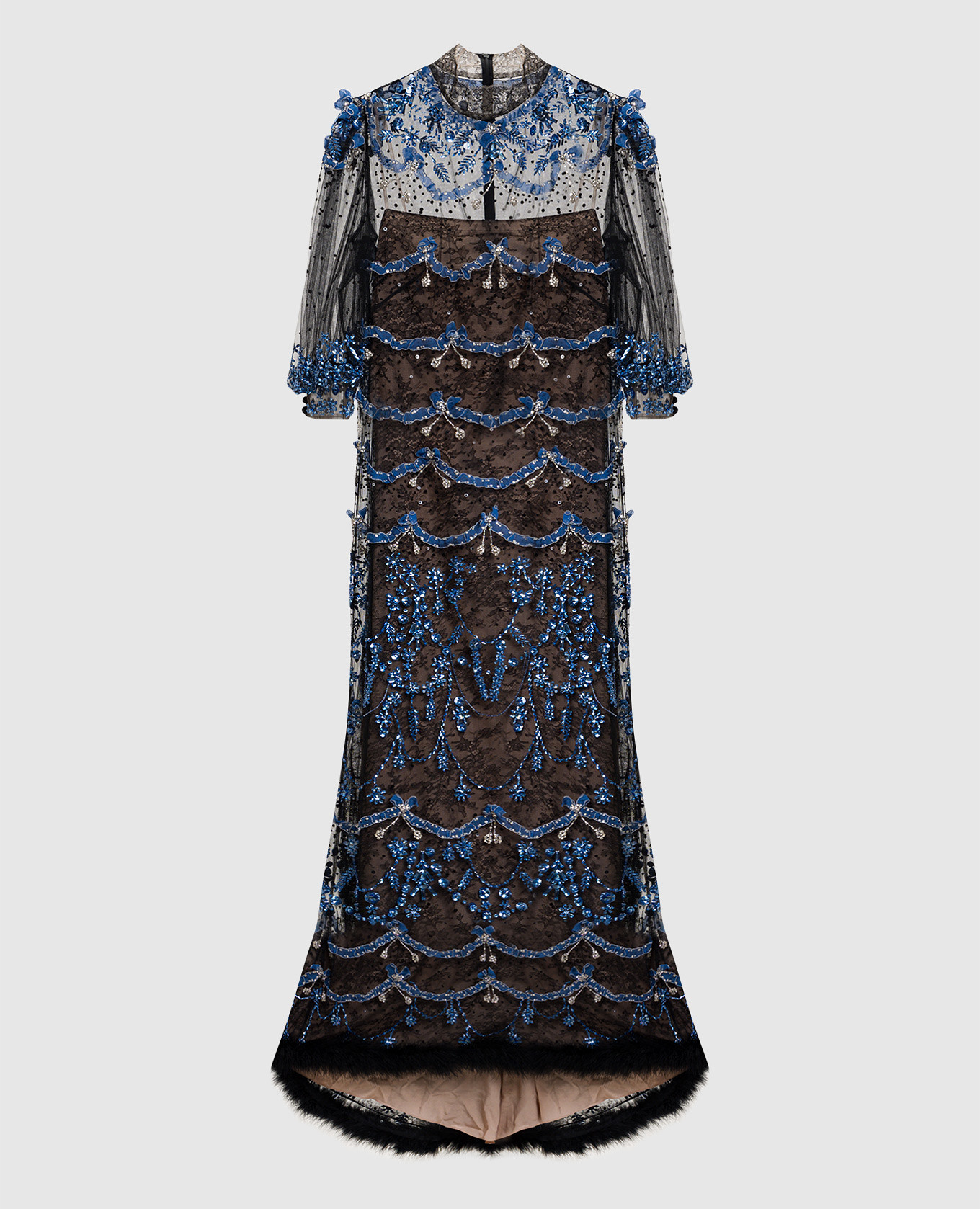 

Черное платье с кристаллами и перьями, Черный, Платья в пол