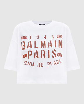 Balmain Біла укорочена футболка з принтом GF0EE145BD55