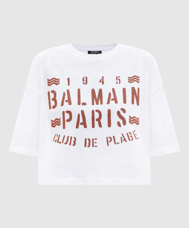 Balmain Белая укороченная футболка с принтом GF0EE145BD55