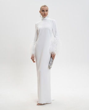 16Arlington Белое платье миди Arios с перьями страуса G113SS2602