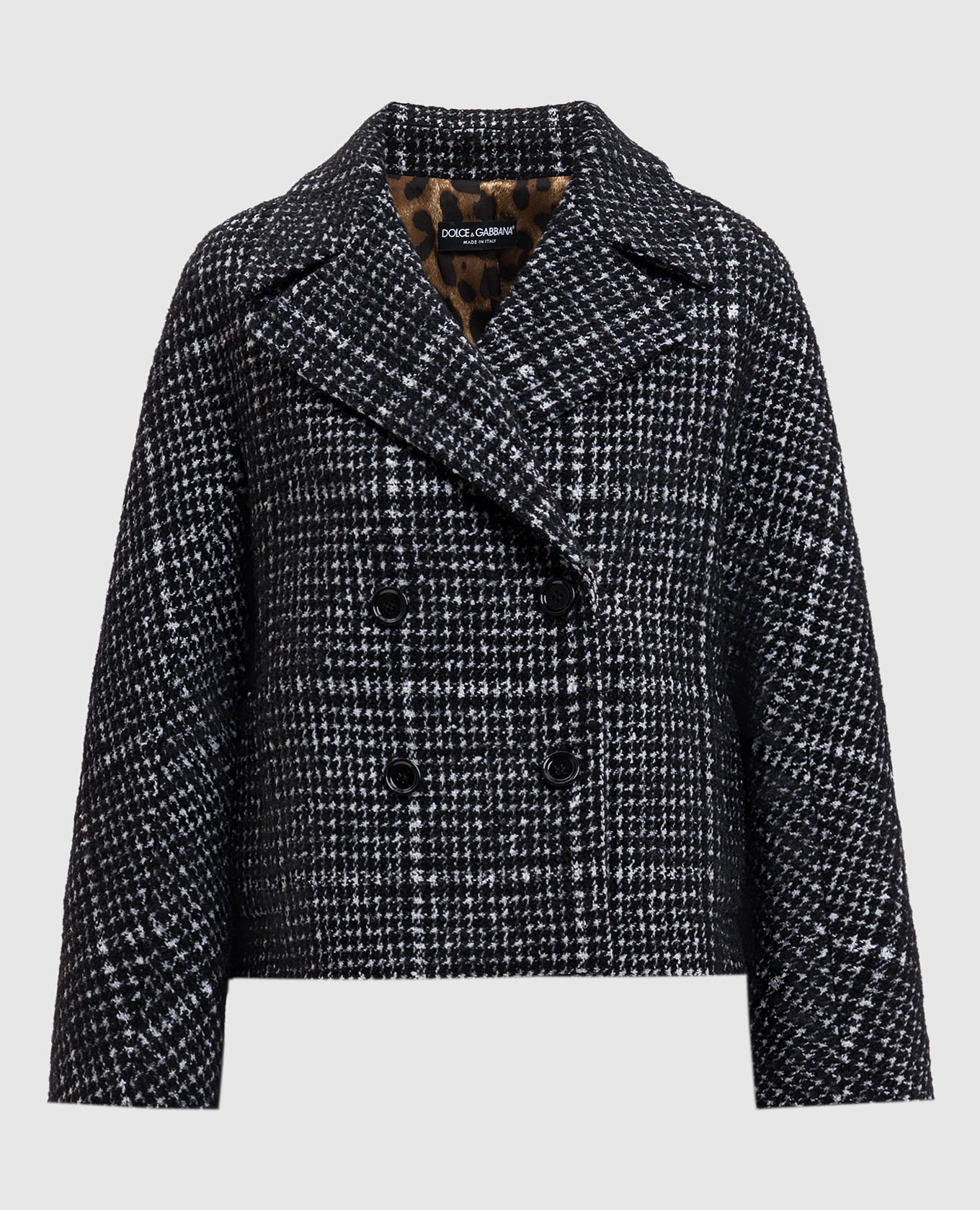 

Черное укороченное двубортное пальто с шерстью альпаки и шелком, Черный, Пальто