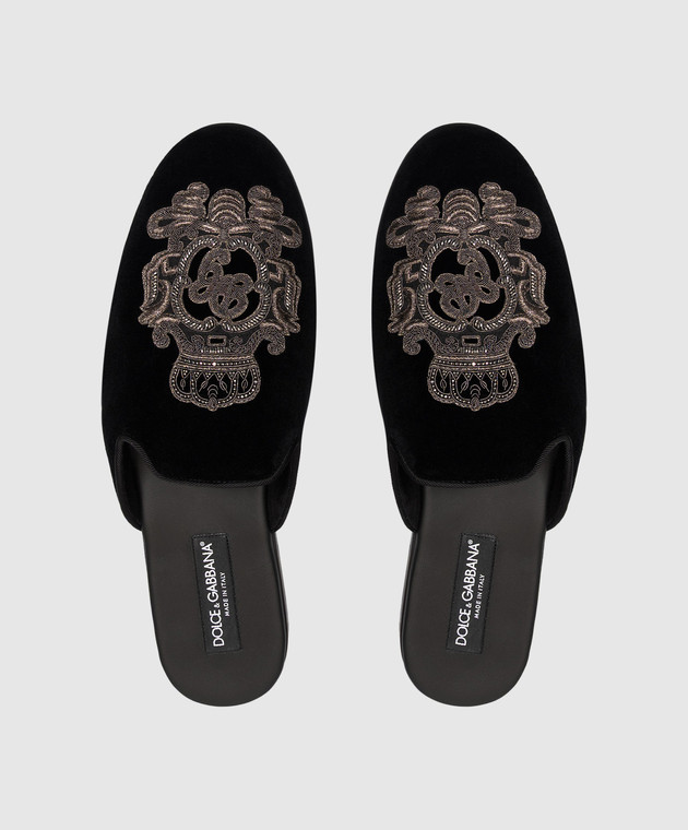 Dolce&Gabbana Чорні оксамитові капці з вишивкою A80310AO249 зображення 4