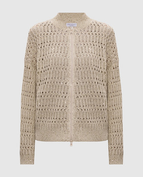 Brunello Cucinelli Бежевый ажурный кардиган из льна MCO564706