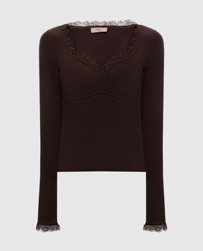 Twinset Коричневый джемпер в рубчик с кружевом 262TP3390