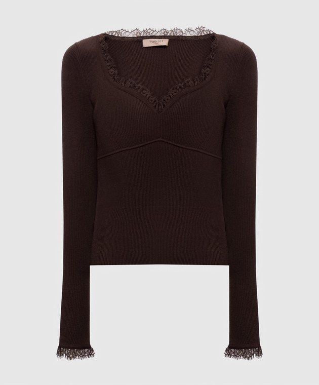 Twinset Коричневый джемпер в рубчик с кружевом 262TP3390