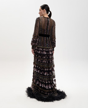 Valentino Черное платье макси с аппликацией и перьями страуса 8B3VDML01ED