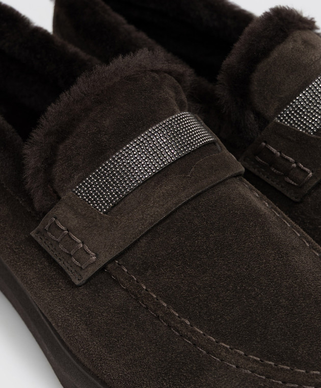 Brunello Cucinelli Коричневые замшевые лоферы на меху с цепочкой мониль MZSFG2569 изображение 5