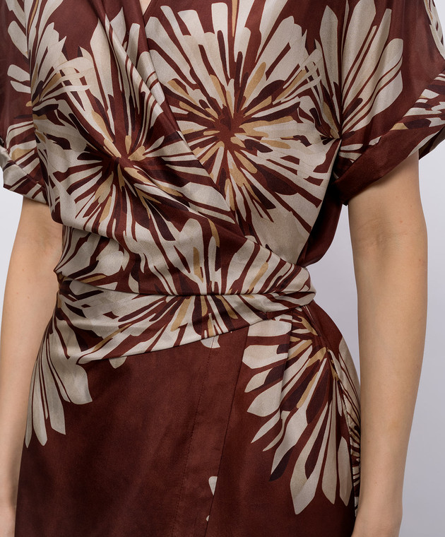 Brunello Cucinelli Коричнева сукня на запах із шовку в принт MQ967AHG41 зображення 4