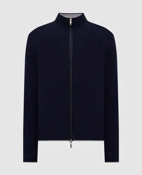 Pini Parma Синій кардиган з вовни і кашеміру FZIPRIBBEDBL