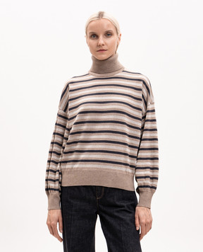 Brunello Cucinelli Бежевый гольф из шерсти, кашемира и шелка в полоску M16221903P