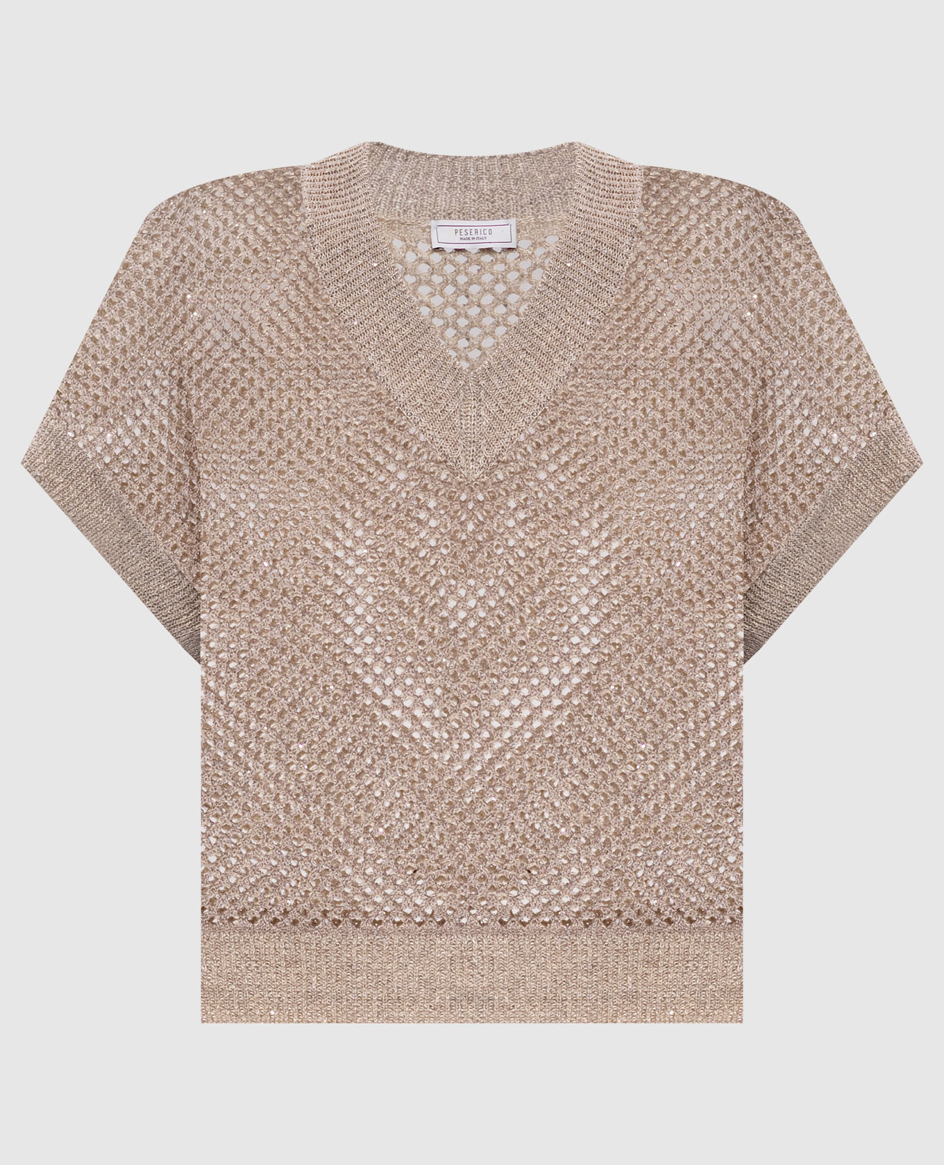 Коричневый ажурный жилет с льном с пайетками