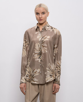 Brunello Cucinelli Блуза цвета хаки из шелка в принт MQ967RH206