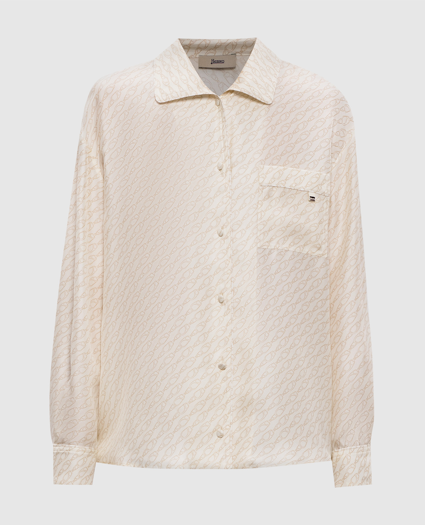 Бежевая блуза из шелка в брендовый принт