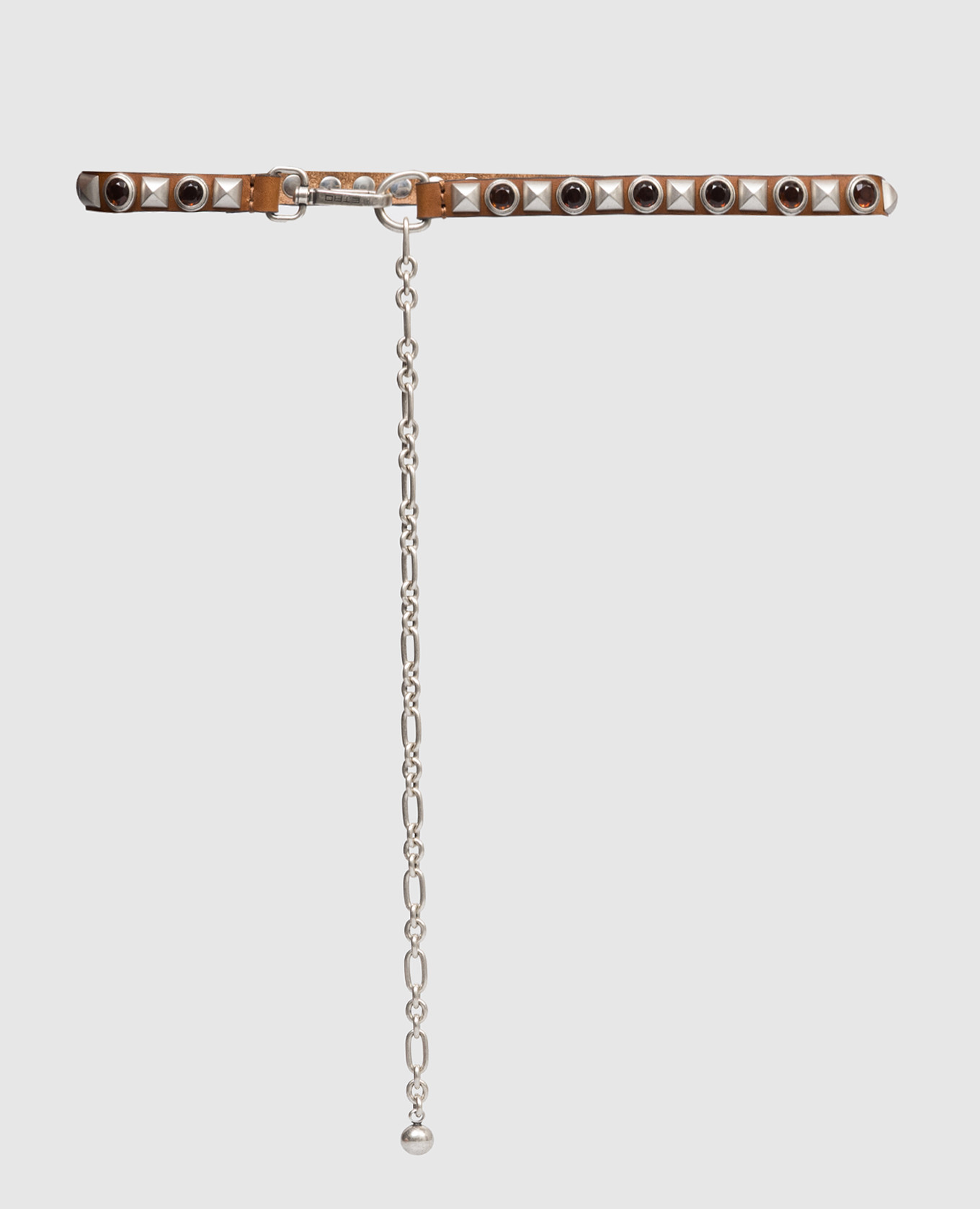 Коричневый кожаный ремень с кристаллами и заклепками