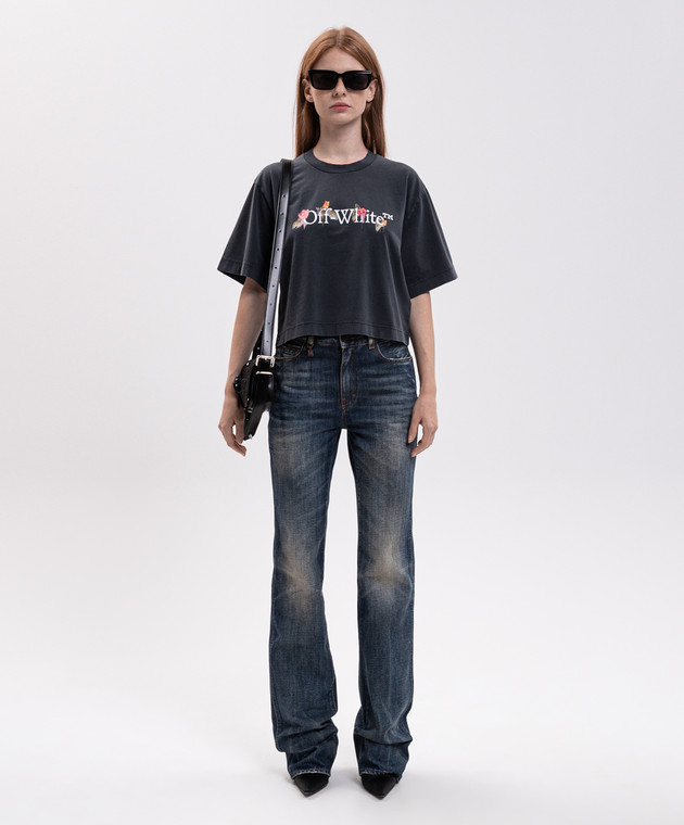 Off-White Серая укороченная футболка с цветочным принтом логотипа 2FA00640T изображение 2