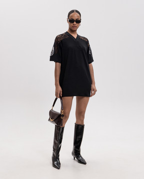 Off-White Чорна сукня-футболка міні з мереживом 2FU00648T