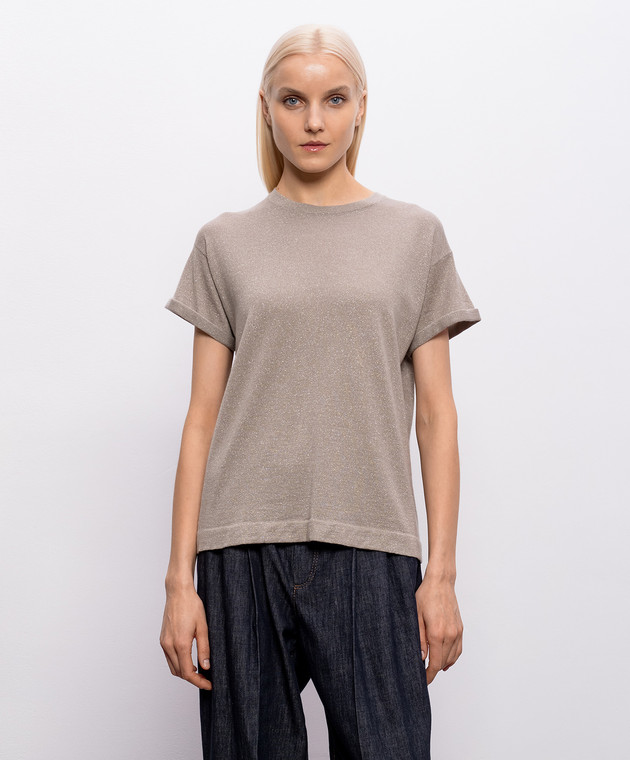 Brunello Cucinelli Бежева футболка з кашеміром та шовком з люрексом M41810000P зображення 3