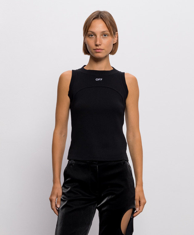 Off-White Черный топ в рубчике с вышивкой логотипа 2FA00673T изображение 3