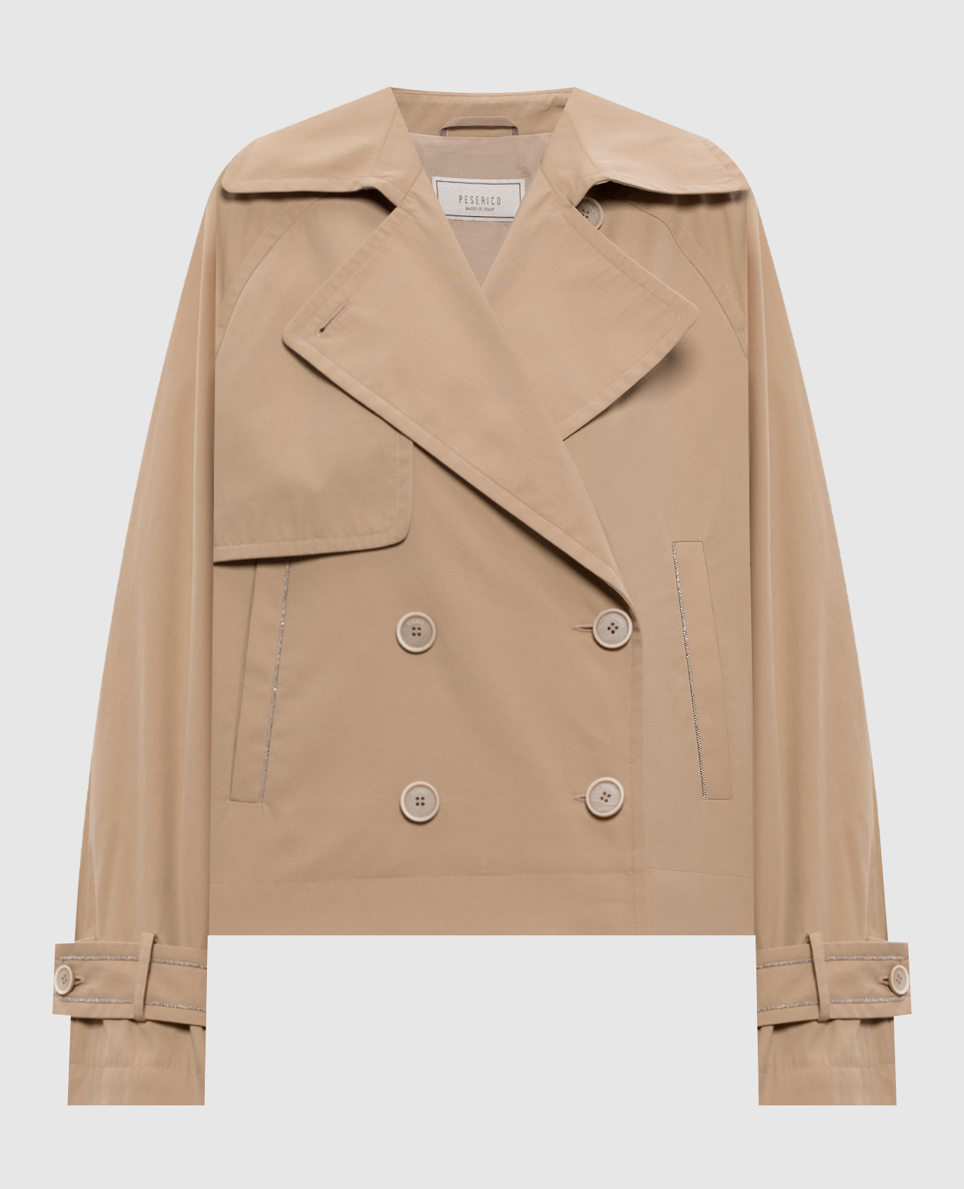 

Бежевый укороченный двубортный тренч с цепочкой, Тренчи