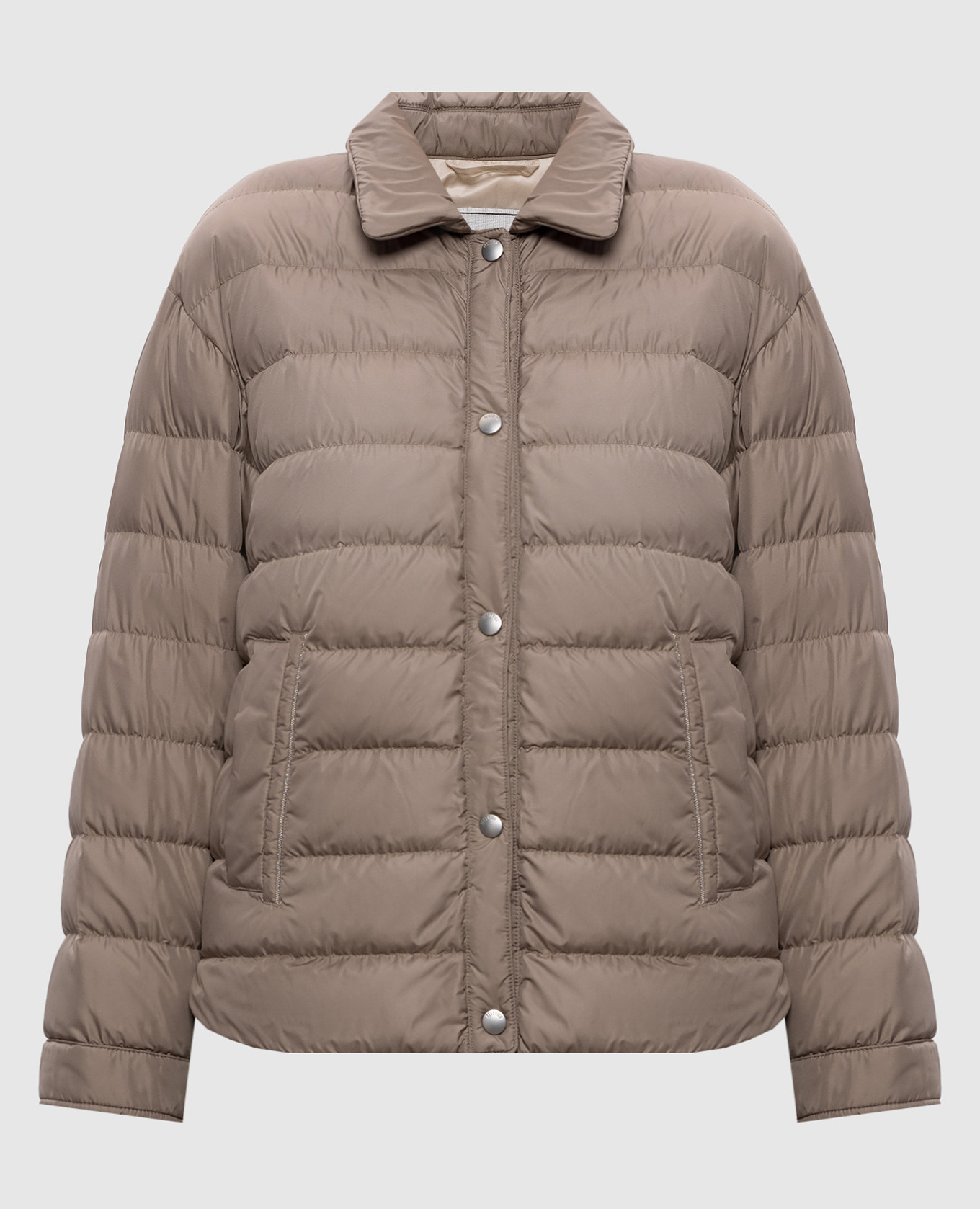 Коричневая пуховая куртка с цепочкой мониль