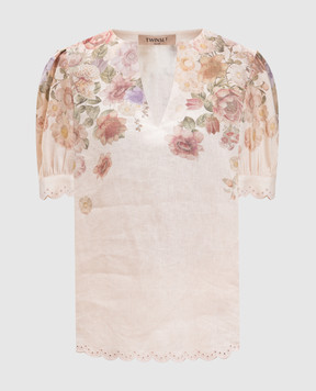 Twinset Бежевая блуза из льна в цветочный принт 261TT2573