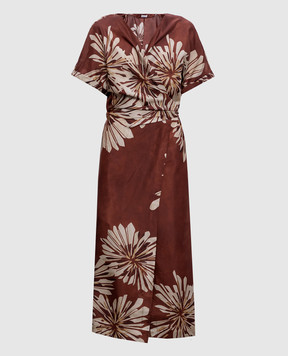 Brunello Cucinelli Коричнева сукня на запах із шовку в принт MQ967AHG41
