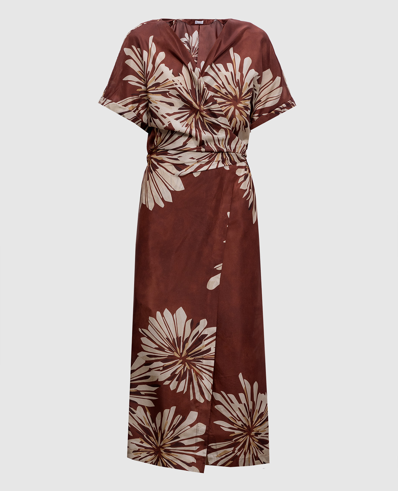 

Коричневое платье на запах из шелка в принт, Коричневый, Повседневные платья