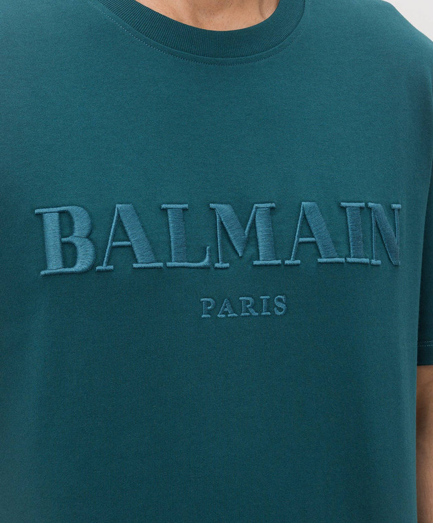 Balmain Зеленая футболка с вышивкой логотипа HH1EG000BD60 изображение 5