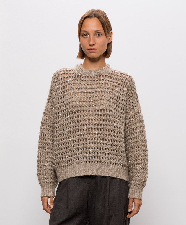 Brunello Cucinelli Бежевый ажурный свитер с шерстью и кашемиром MGO378800 изображение 3