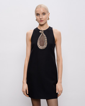 Valentino Черное платье мини из шерсти и шелка с аппликацией 8B0VAKD51CF