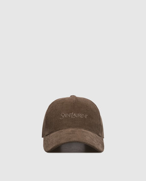 Saint Laurent Коричнева вельветова кепка з вишивкою логотипа 8217373YR66