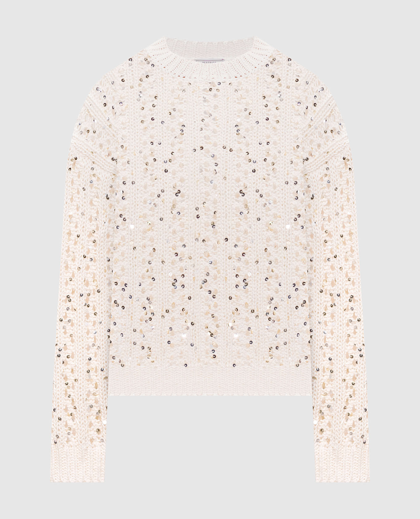 Бежевый ажурный свитер с пайетками