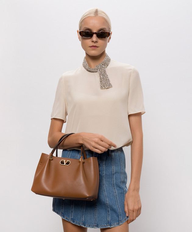 Valentino Коричнева шкіряна сумка-тоут з емблемою VLogo 9W2B0T83WLA зображення 2